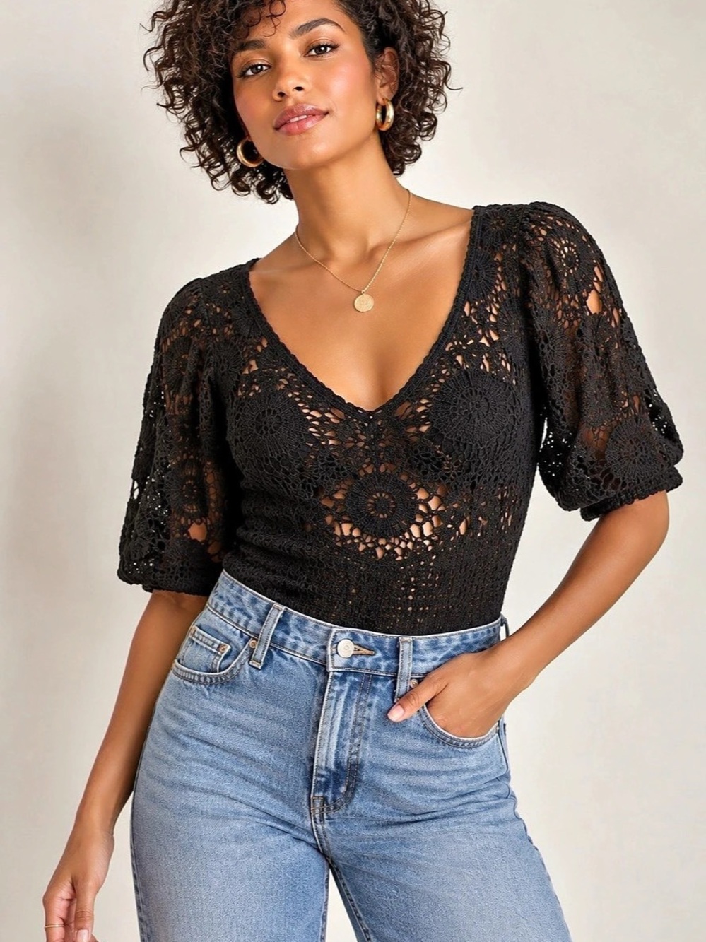 Free People Black Crochet Lace V Neck Bodysuit Size Large Boho